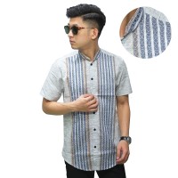 Baju Muslim - Kemeja Koko Pendek Salur Block Abu Muda