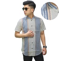 Baju Muslim - Kemeja Koko Pendek Salur Block Coklat Mud