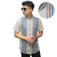 Baju Muslim - Kemeja Koko Pendek Salur Block Cream